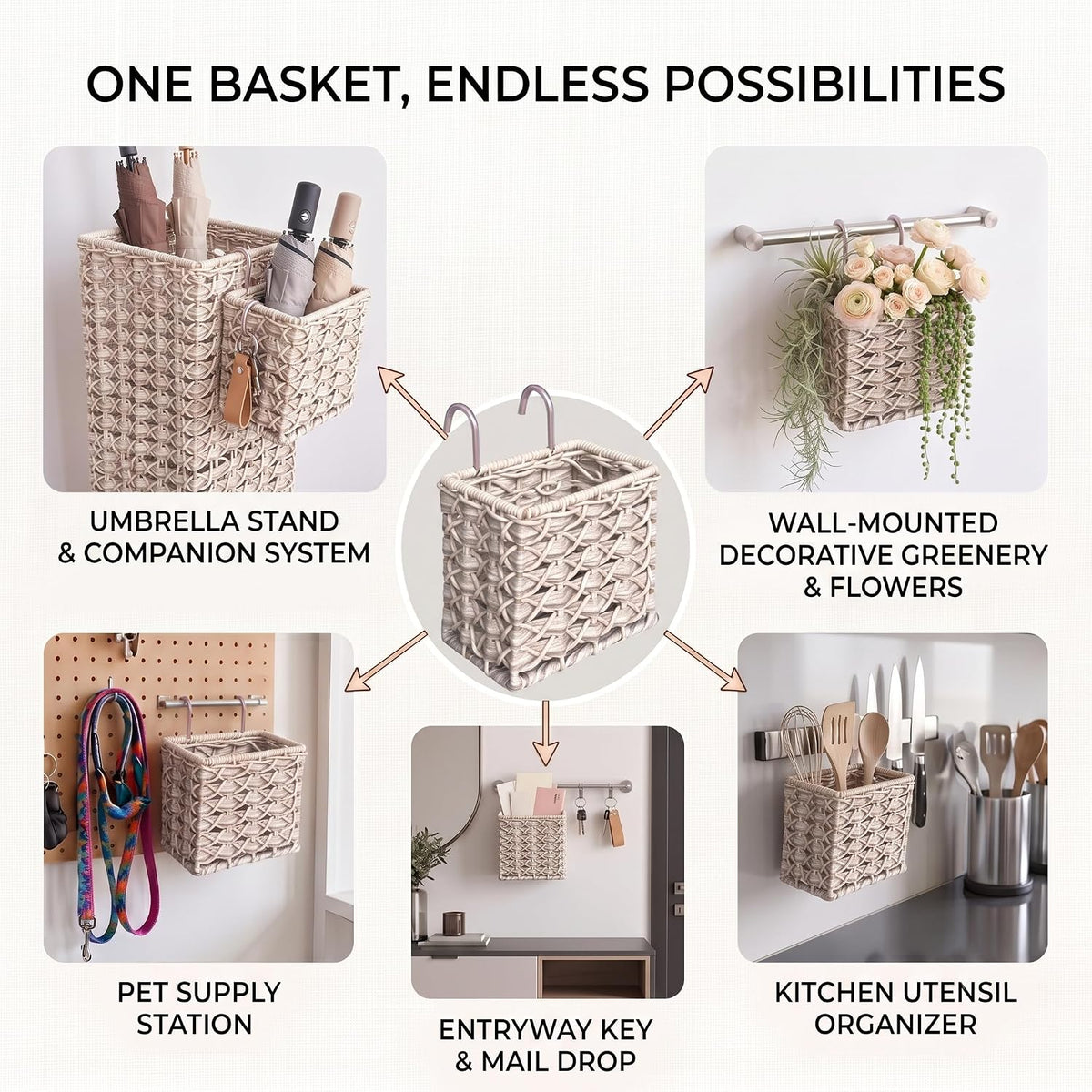 Square Wicker Umbrella Stand, Handwoven PE Rattan with Side Basket