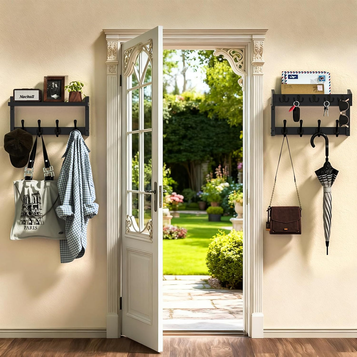 35'' Long Black Coat Rack Wall Mount with Shelf, Solid Wood Coat and Key Hanger with 13 Metal Hooks, Farmhouse Wall Organizer for Mail, Entryway Wall Hangers for Hats, Clothes, Backpacks