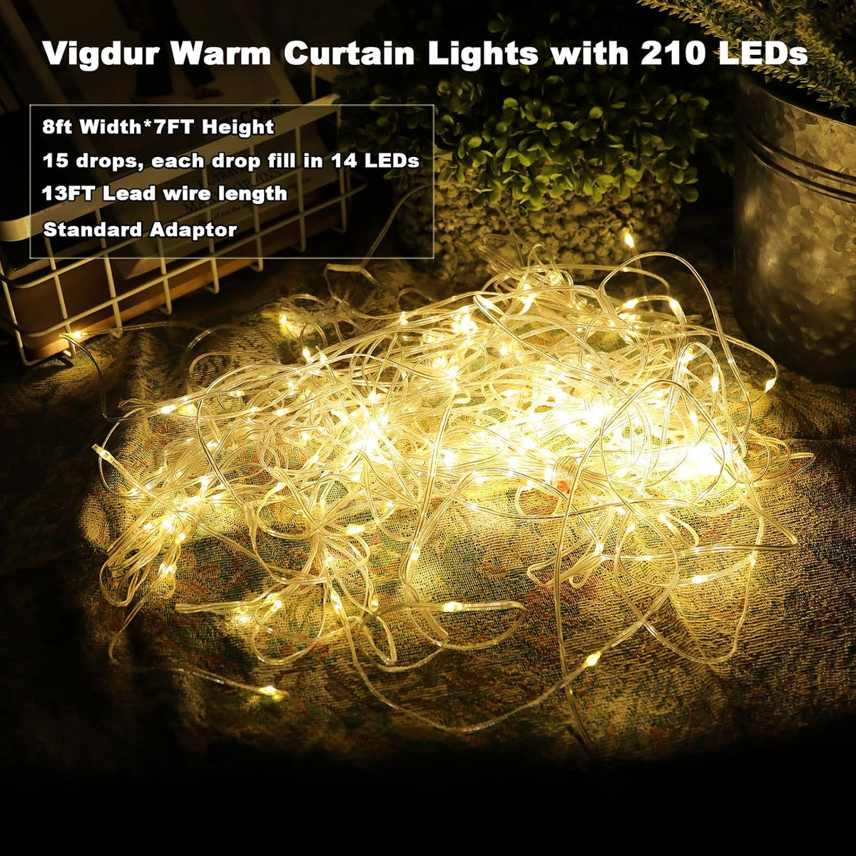 Vigdur Led Curtain String Lights, 8FT 210 Warm LEDs Fairy Lights, 2 Packs
