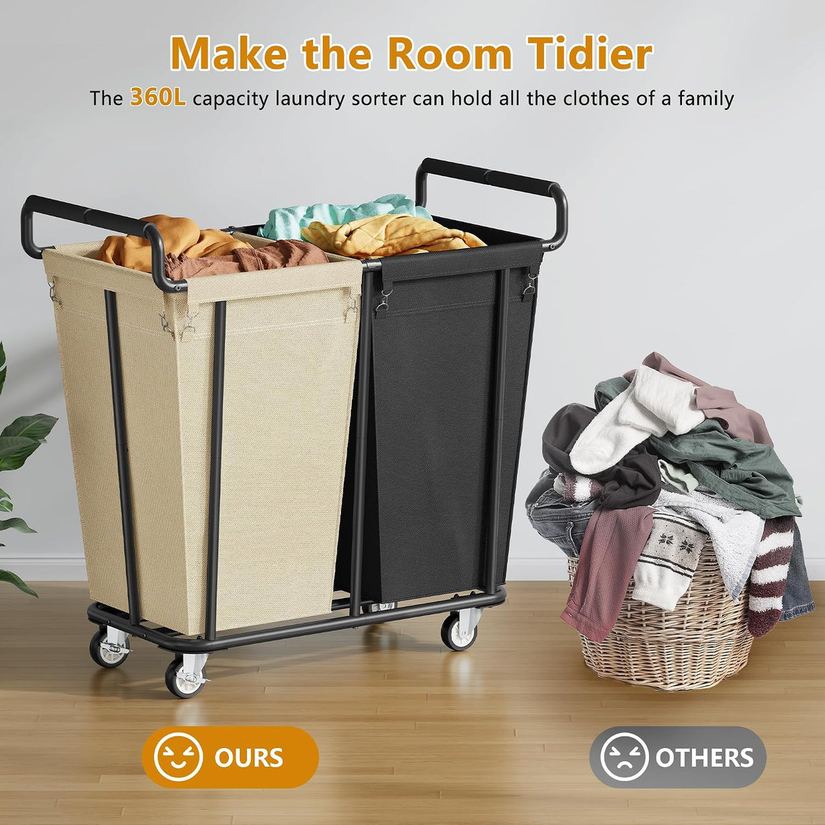 Gewudraw 2 Section Heavy Duty Laundry Basket with Wheels, 360L