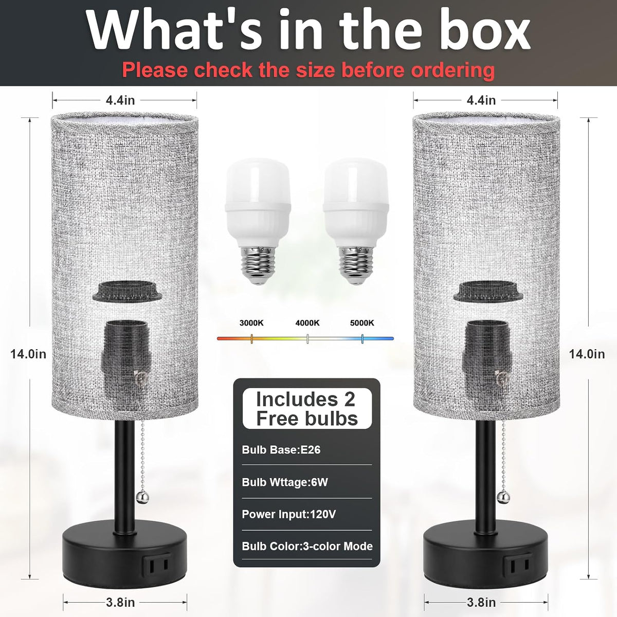 Grey Bedside Table Lamps Set of 2 - Bedroom Lamp for Desk, AC Outlet