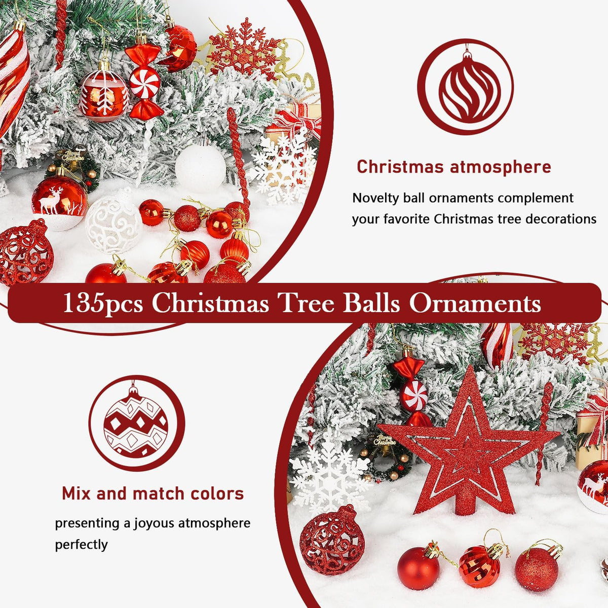 Artmag 135 Pcs Christmas Ball Ornaments Set, Pre-Tied Shatterproof Plastic Assorted Christmas Balls for Xmas Tree Hanging Decorations Festival Party Holiday Decor (Red)
