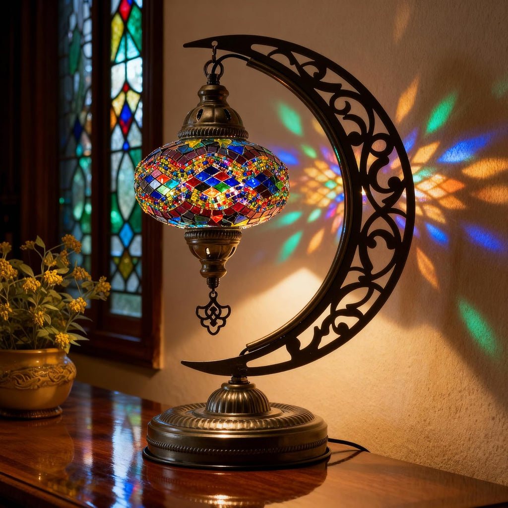 Turkish Mosaic Lamp, Crescent Moon Table Lamp, E12 Bulb Included