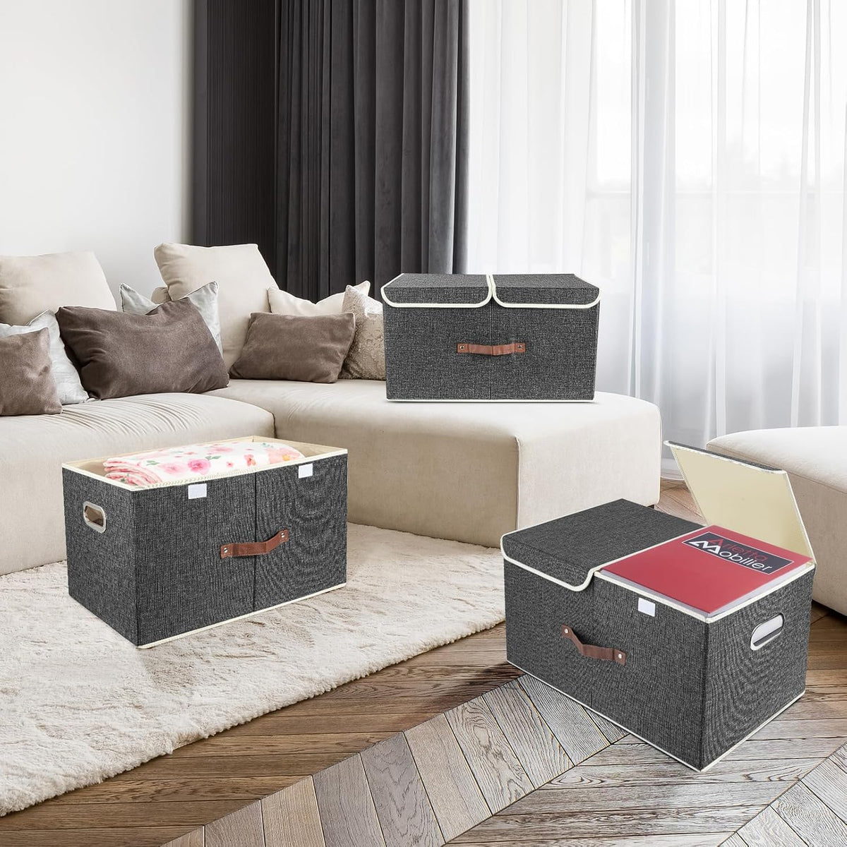 TYEERS Extra Large Collapsible Storage Bins with Lids and Compartments, Washable, Fabric Storage Boxes, 21.7x13x11.8 inches, 2 Pack, Black