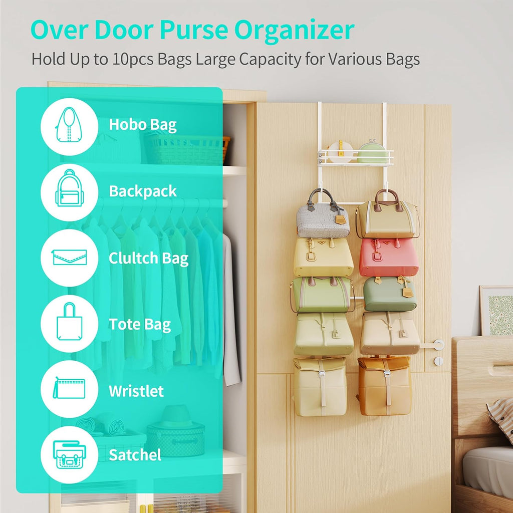 HapiRm Over the Door Purse Organizer - Wall Mounted Purse Rack with 10 Hooks and Metal Basket, Hanging Handbag Organizer Holds up to 10 Bags, Bag Rack Can Use As 1/2 Part, for Door, Closet (White)