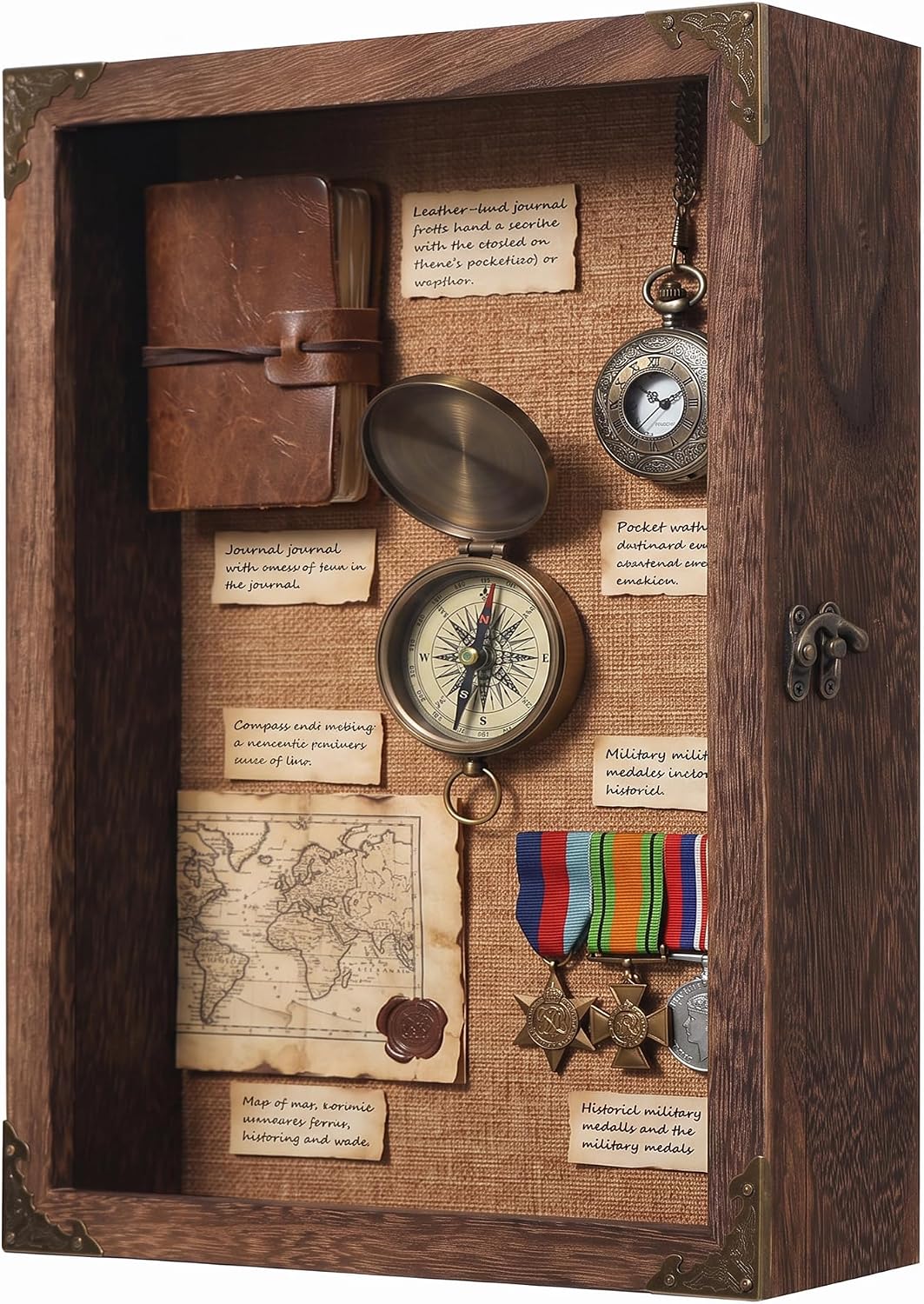 Shadow Box Frame 11x14 with Glass Door, Solid Wood Display Case, Rustic Memory Box with Vintage Lock for Wedding Bouquet, Medals, Photos, Military Memorabilia & Keepsakes
