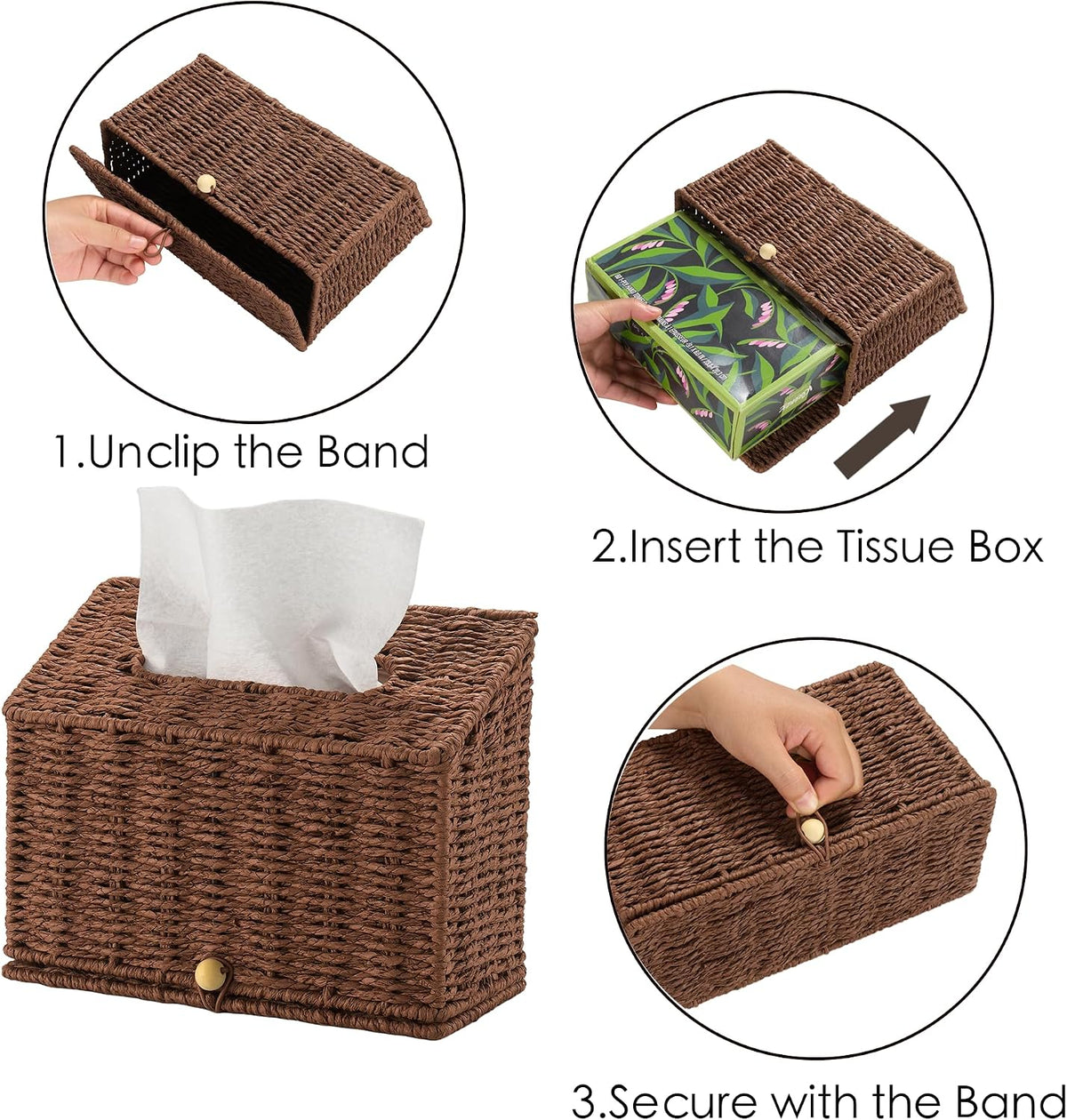 PINXIURY Hand Towel Box Cover,Paper Rope Wicker Tissue Holder for Kleenex Hand Towels,Hand Towel Holder,Slant-Top Paper Rope Tissue Box for Bathroom,Kitchen and Bedroom, Coffee