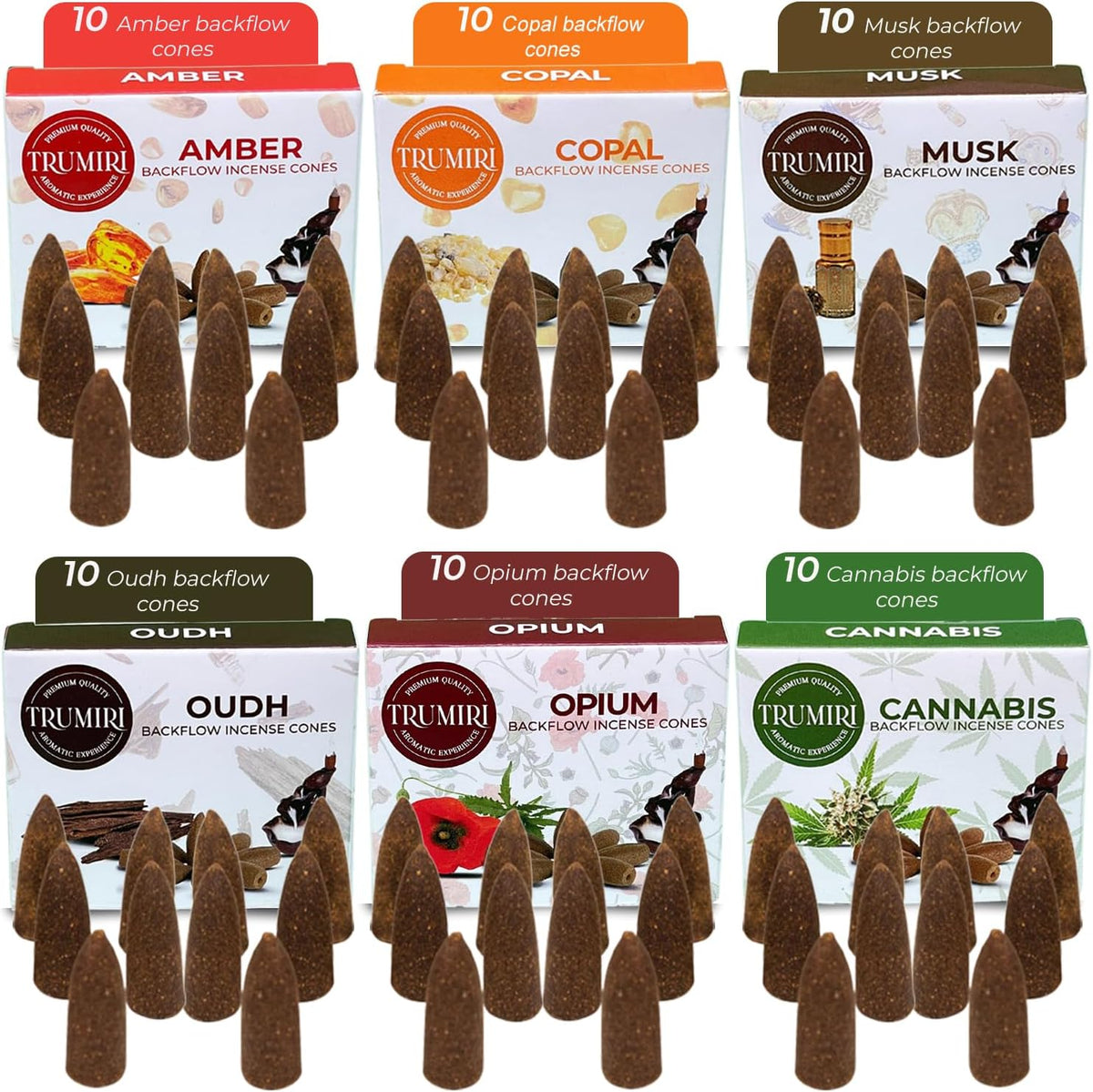 Exotic - Backflow Incense Cones for Waterfall - Scented Inscents-Cones - Copal, Amber, Musk, Oud - Insiensos Aromaticos - 6x10=60 Large Variety Pack
