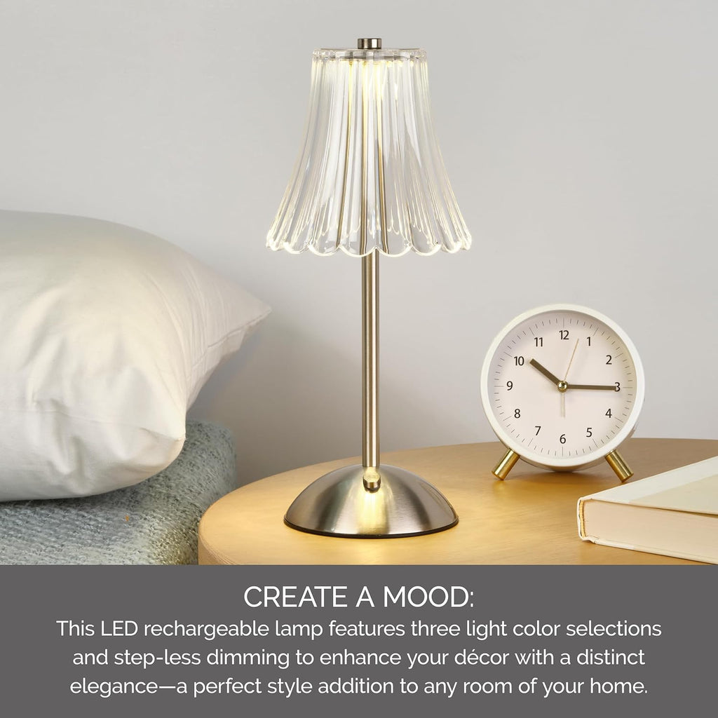Elements 11.8-Inch Silver Rechargeable LED Table Lamp with Touch Control - 3 Color Temperature Settings, Stepless Dimming, Metal Construction with Acrylic Shade, USB-C Charging, 1200mAh Battery
