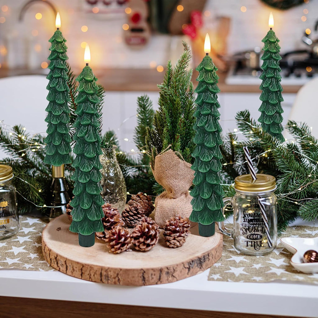 Christmas Tree Candles with Remote Timer, 2 Pack Flameless LED Taper Candles Battery Operated, 3D Flame Flickering, Green Waxy Christmas Candlesticks for Home Fireplace Decor, 0.78" x 9.5"