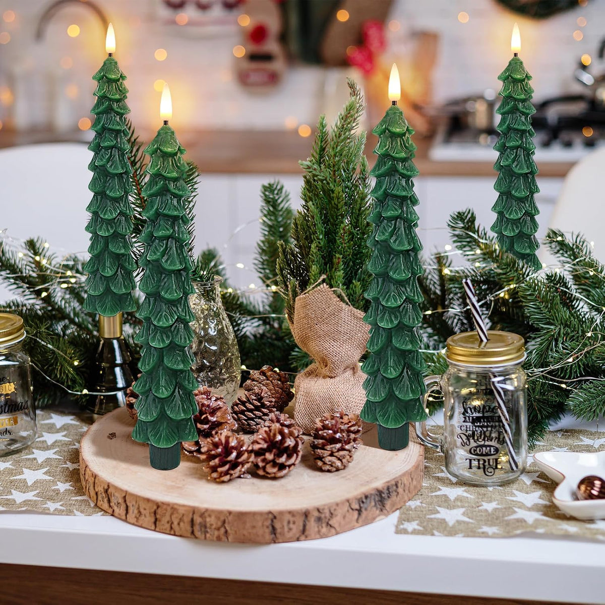 Christmas Tree Candles with Remote Timer, 2 Pack Flameless LED Taper Candles Battery Operated, 3D Flame Flickering, Green Waxy Christmas Candlesticks for Home Fireplace Decor, 0.78" x 9.5"