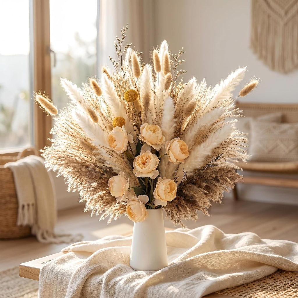89 Pcs 17 Inch Yellow Dried Pampas Grass Bouquet with Champagne Faux Roses