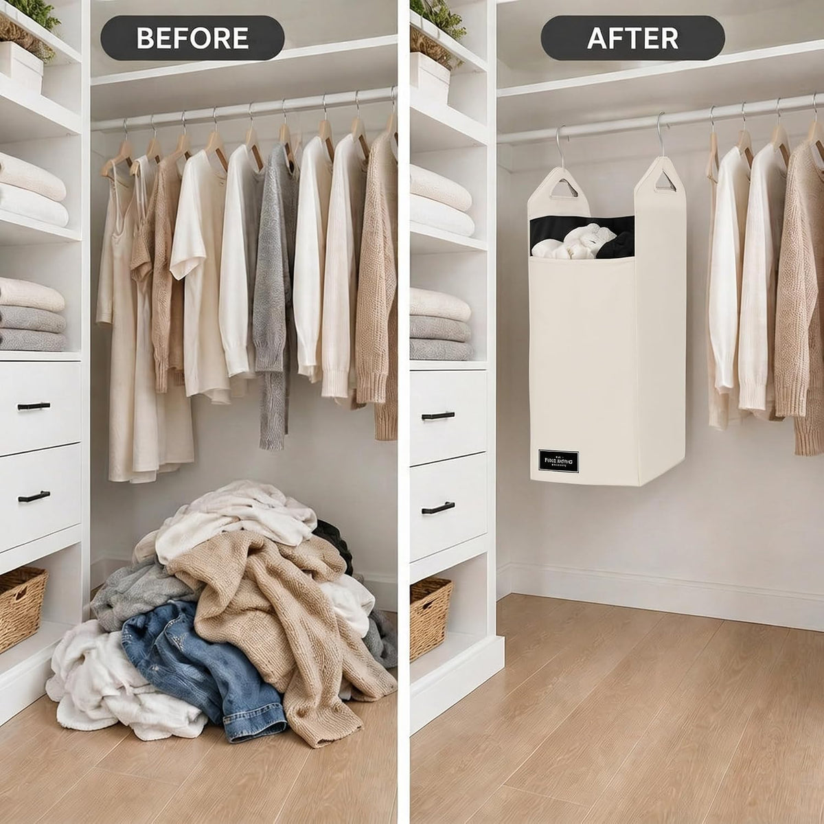 TFLC Hanging Laundry Hamper bag, Portable Clothes Hampers for Laundry Beige