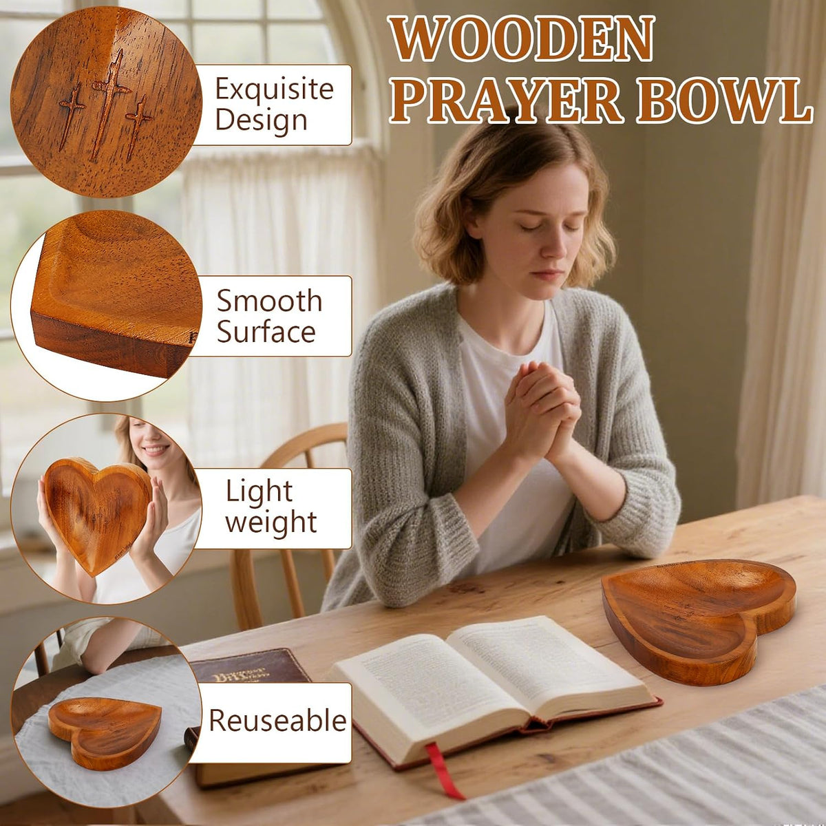 Prayer Bowl with 24 Blessing Cards Wooden Prayer Bowl Rustic Heart Shaped Decor Dough Bowls Christian Gifts for Mom Dad (Dark)