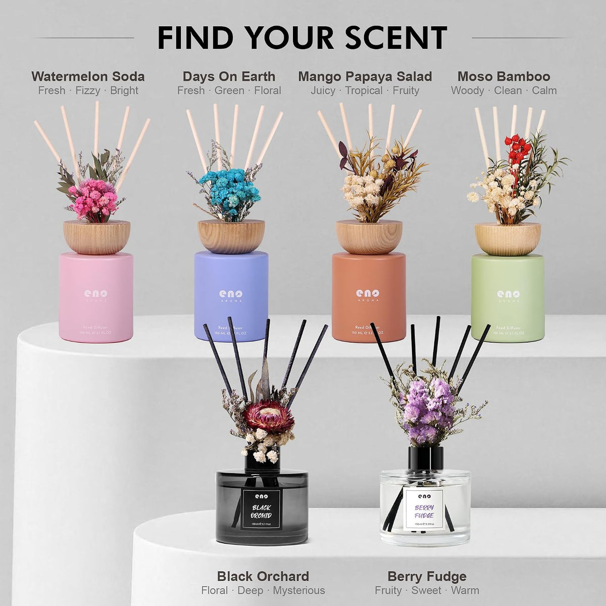 Reed Diffuser Set with Dried Flowers, 5.1 fl oz / 150ml, Berry Fudge - Home Fragrance Diffuser with Sticks for Bathroom Shelf Decor, Bedroom, Office & Gift