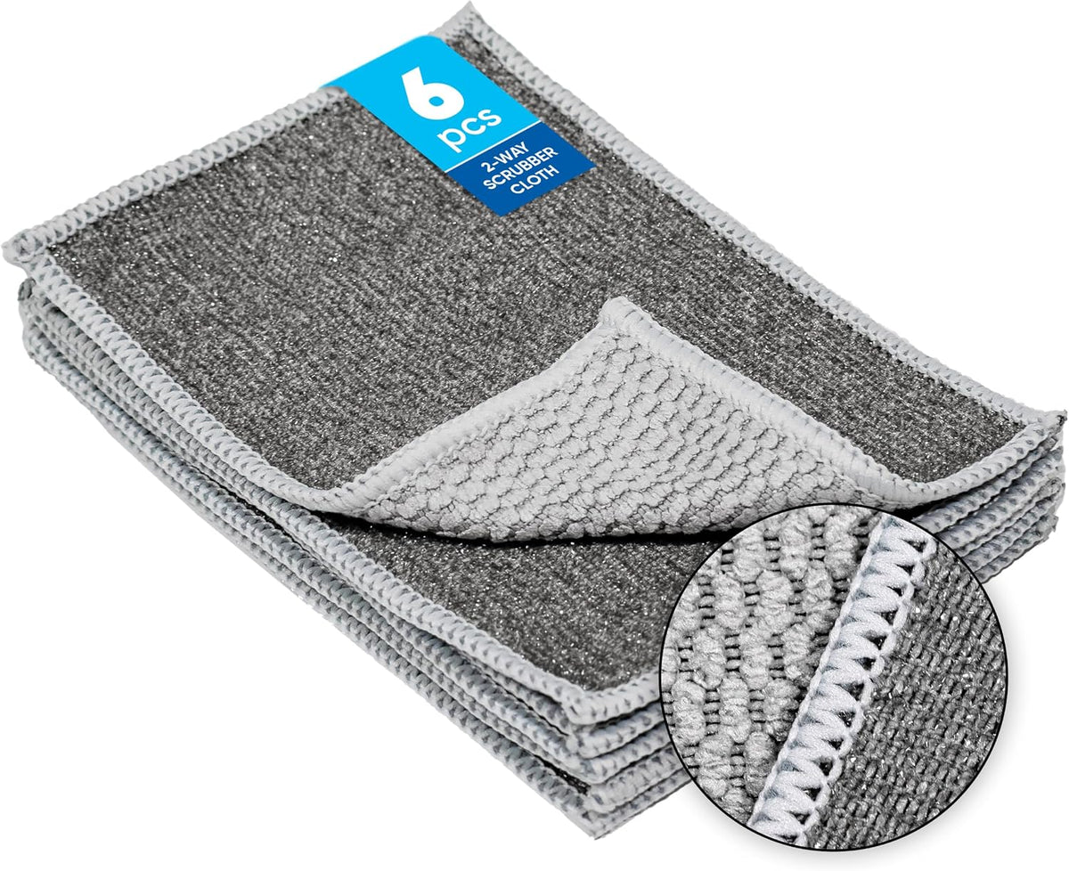 Microfiber Wholesale Scrubber Cloths (6 Pack) – Scrub Without Scratching, Safe for Non-Stick, Stainless Steel & Glass – Two-Sided 4"x6" Dish Scrubbing Cloths for Baked-On Food, No Sponge Smell