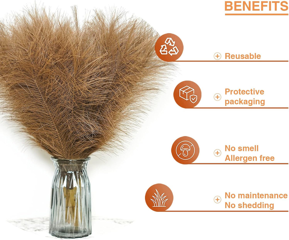 Faux Pampas Grass, 6 Stems Artificial Pampas Grass Decor Flurry Pompous Grass for Small Vase Boho Home Decor/Wedding Arrangements/Rustic Decor 18''/45cm (Dark Tan)