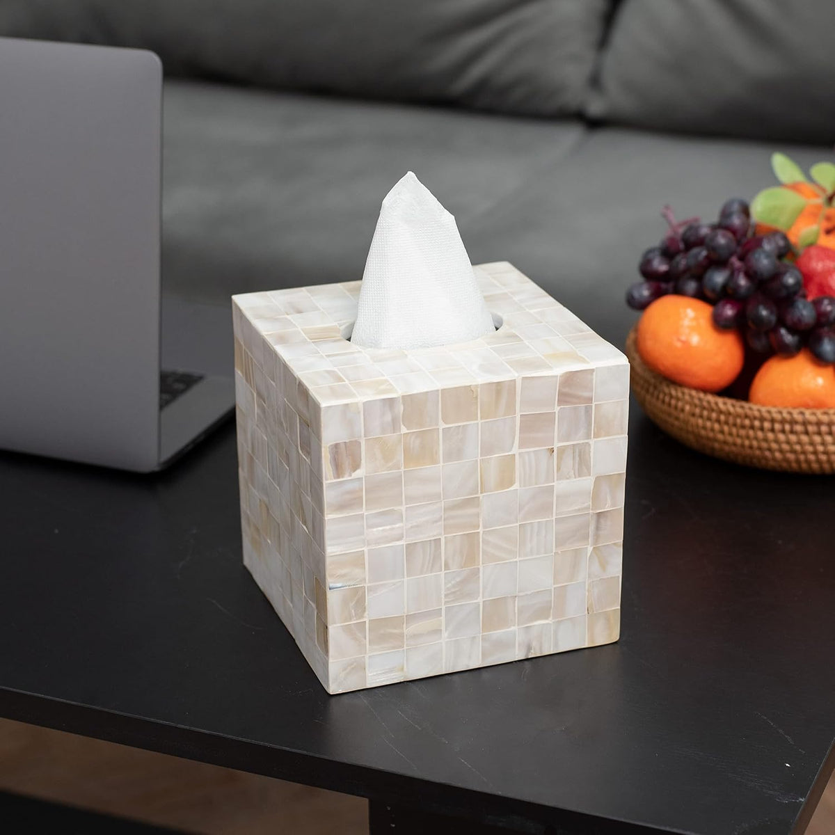 Tissue Box Cover - Mosaic Mother of Pearl Inlay Tissue Box Holder - Tissue Box Cover Square 5.9 x 5.9 x 5.9 in - Decorative Bathroom, Bedroom or Office (White)