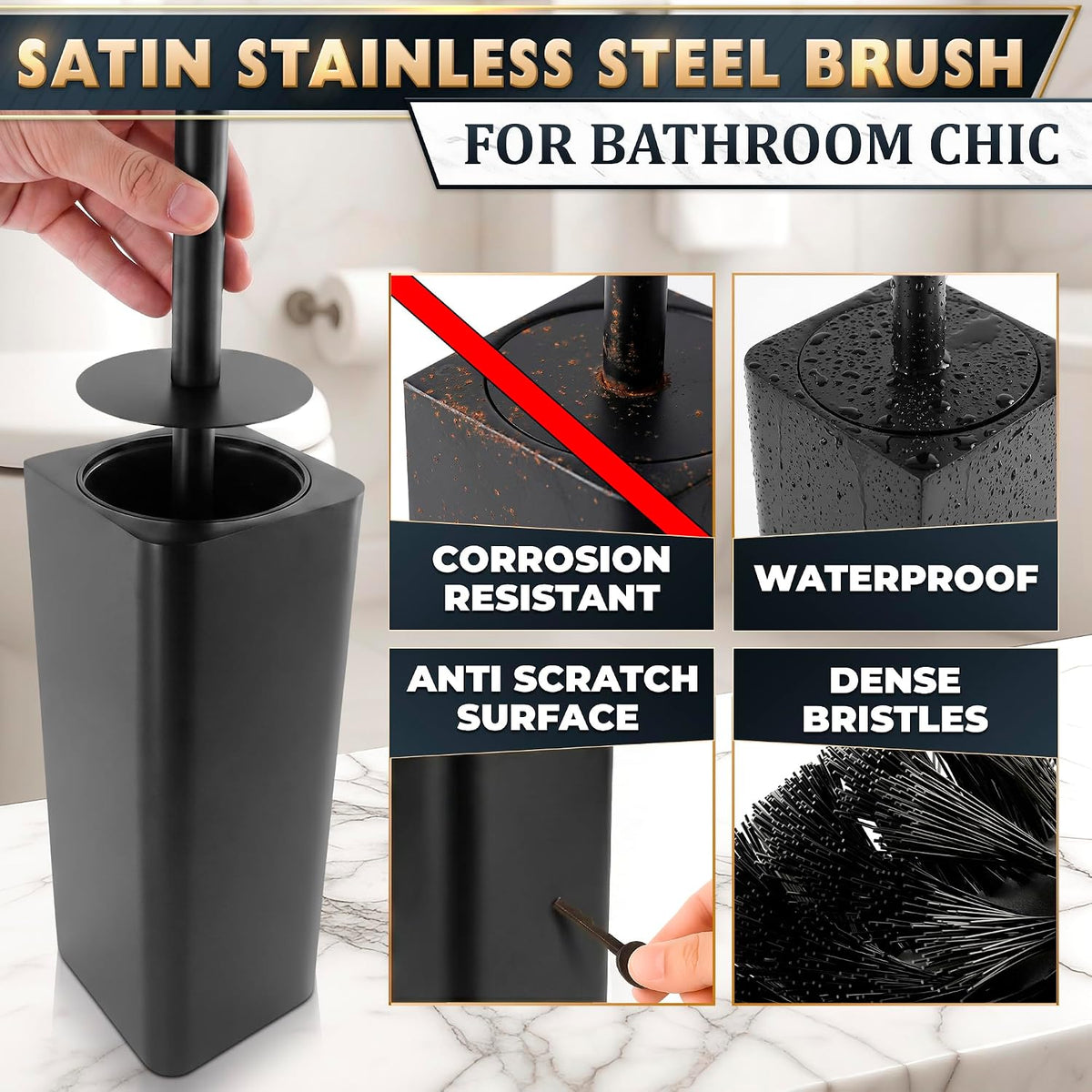 Black Toilet Brush and Holder Set, Stainless Steel Material (Black)