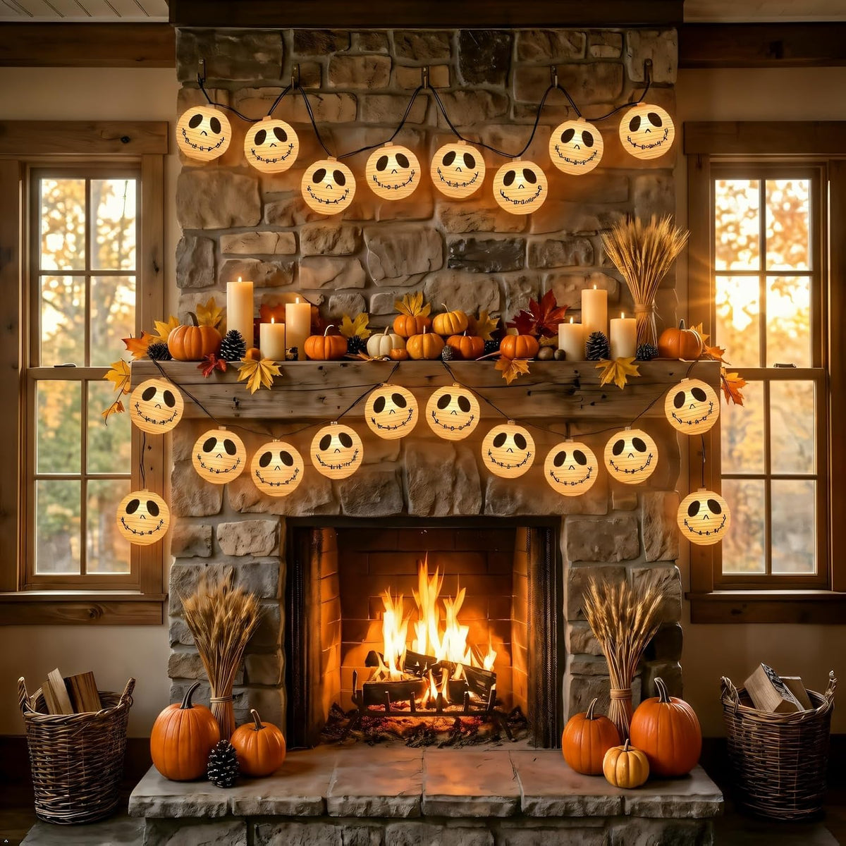 Brillarlights Halloween Decorations Ghost Lantern String Lights Plug in, 10 Pack White Ghost Lights with Black Cord, Halloween Spooky Lights Outdoor for Porch,Garden,Mantel Decor