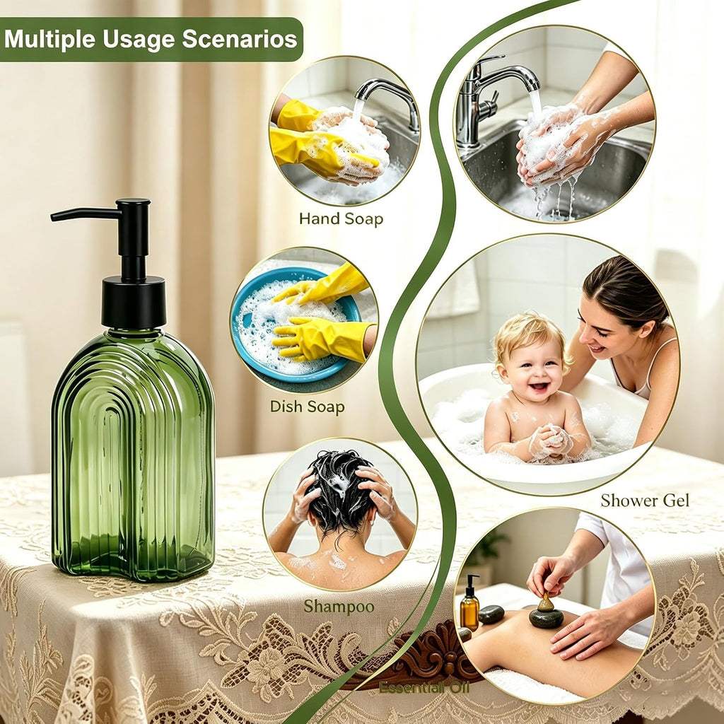 YYTSGG Black Pump Glass Soap Dispenser, 12oz, Green Stripe