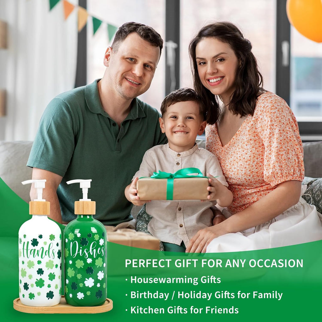 FYSUIMU 2 Pcs St. Patrick's Day Soap Dispenser Glass Soap Dispenser with Pump Green White Shamrock Clover Refillable Liquid Container for Hands Dishes Party Home Kitchen Bathroom Decor