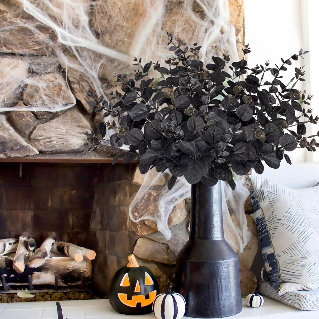Yen Jean 20PCS Black Halloween Decor Artificial Flowers Bulk - Eucalyptus Stems Branches Decorations for Table Indoor Centerpieces Party Supplies