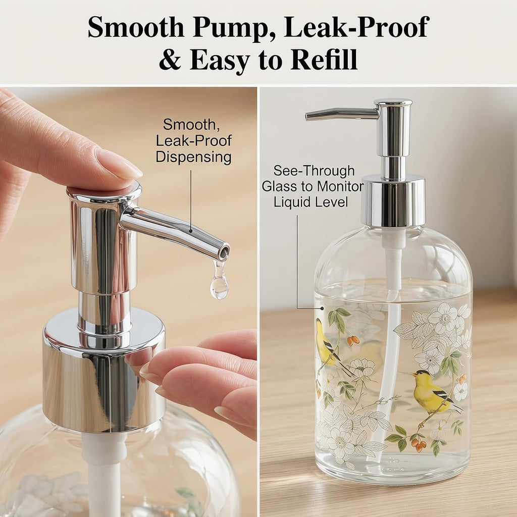 Topadorn 2 Pack 17oz Glass Soap Dispensers, Floral & Goldfinch Bird