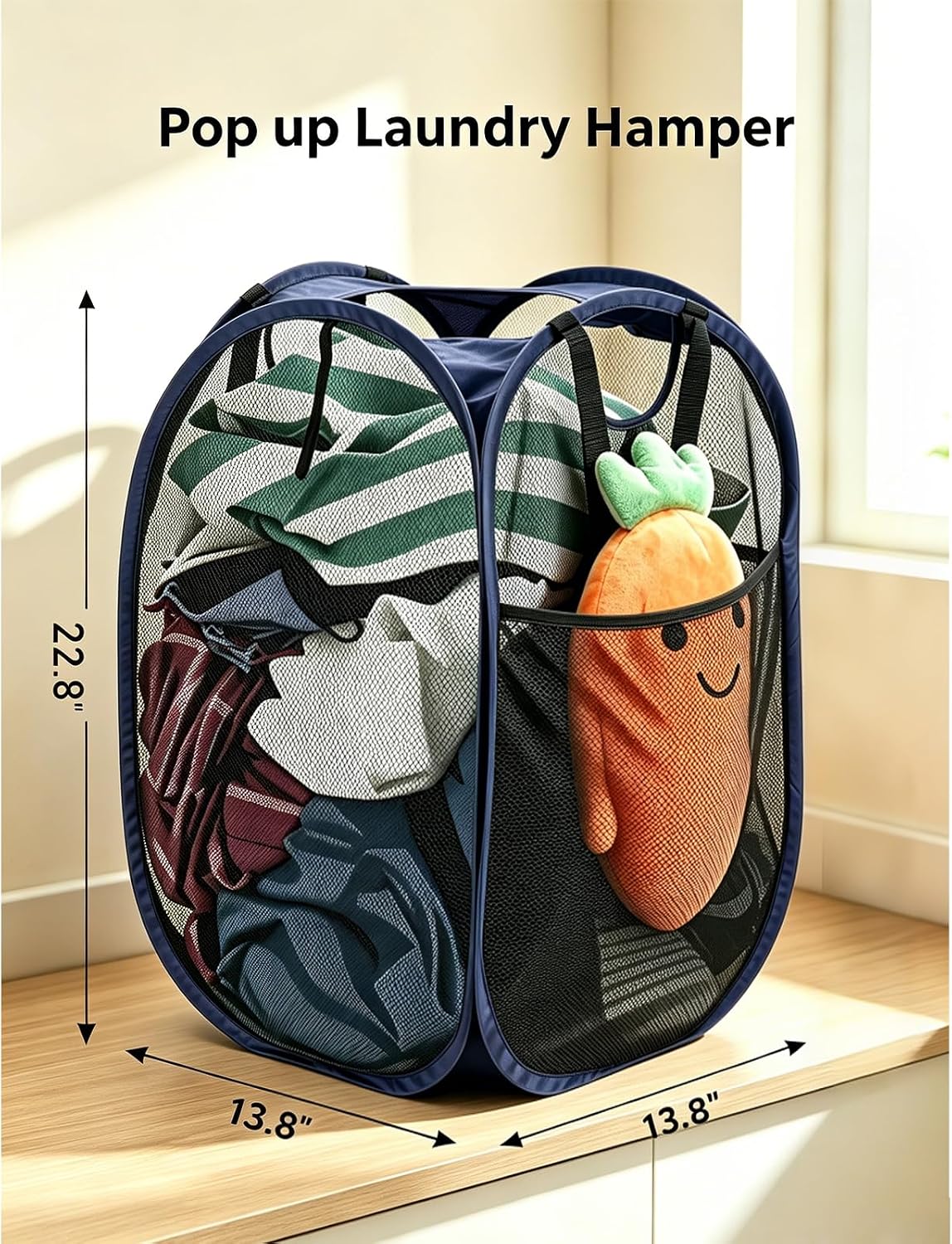HOUSE AGAIN Strong Mesh Pop Up Laundry Hamper, 70L Collapsible Laundry Basket with Steel Frame, Double‑Stitched Handles & Side Pocket, Foldable Dirty Clothes Hamper for Dorm, Bedroom, Blue