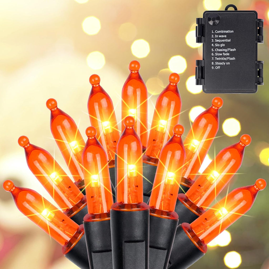 Blissun Halloween Lights: 50-Count Black Wire Mini String Lights with 8 Modes, 16 ft for Decorations (1 Pack, Orange)