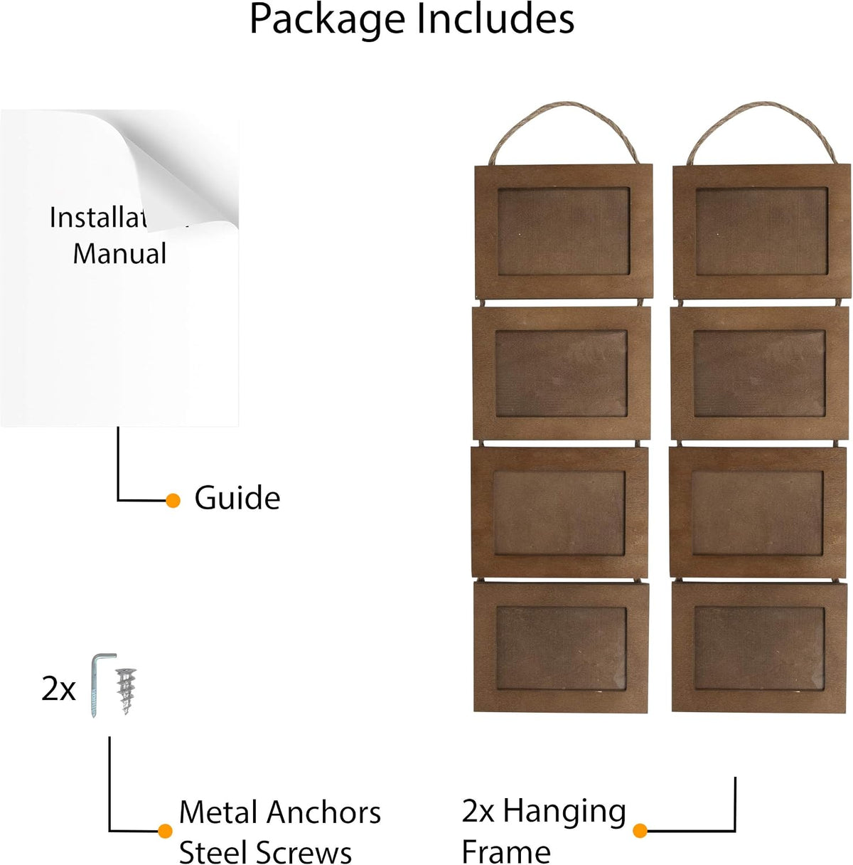 Wallniture Aries Vertical Wall Decor Picture Frames 4x6 Inch, 8 Opening Photo Collage Set of 2 (Walnut)