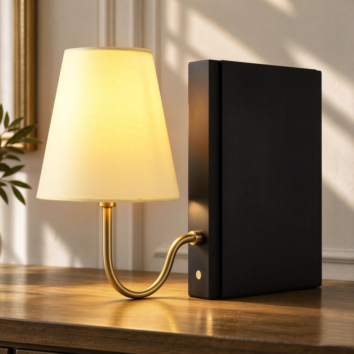 AELS Solid Wood Bookshelf Lamp with Bulb, Cordless Rechargeable Touch Dimmable Table Lamp with Linen Fabric Shade, Modern Decorative Bookend Lamp for Bedroom, Office & Bookshelf Decor, Black