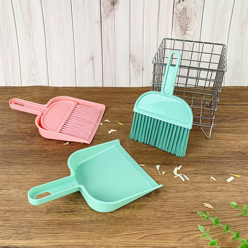 ZUFECY Mini Broom and Dustpan Set, Small Handheld Brush for Car Keyboard Desk Cleaning, Compact Sweeper for Chinchilla Hamster Bunny Small Pet Cage, Blue and Pink (2 Pack)
