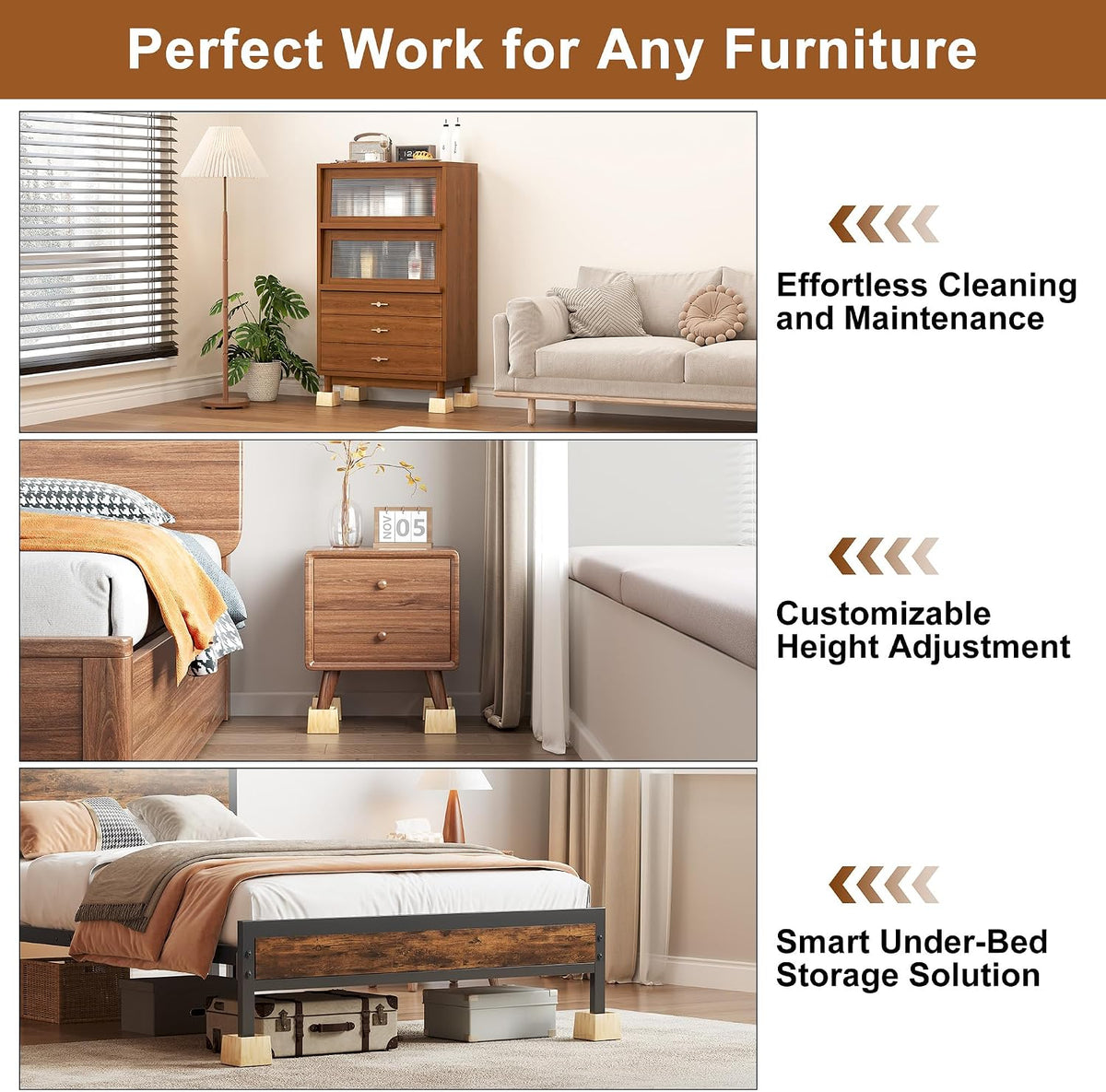 TQVAI Bed Risers Heavy Duty, Support 2200 lbs, 1-in Deep Anti-Fall Edge, 4 Pack Wooden Furniture Bed Lifts Risers with Non-Slip Pads for King Queen Twin Full Size Frame, Original, 3" H(Inner 2" H)