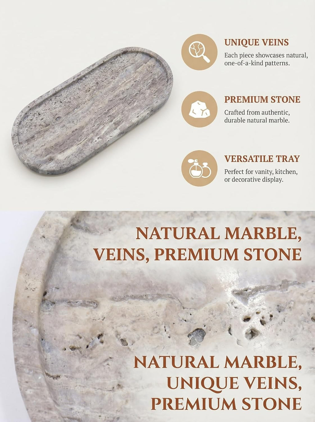 OOBOOB Oval Natural Marble Tray,Elegant Vanity Organizer for Jewelry, Perfume, Decorative Serving Tray for Coffee, Tea, or Dining Table Centerpiece,Countertop Storage Organizer for Home Bathroom