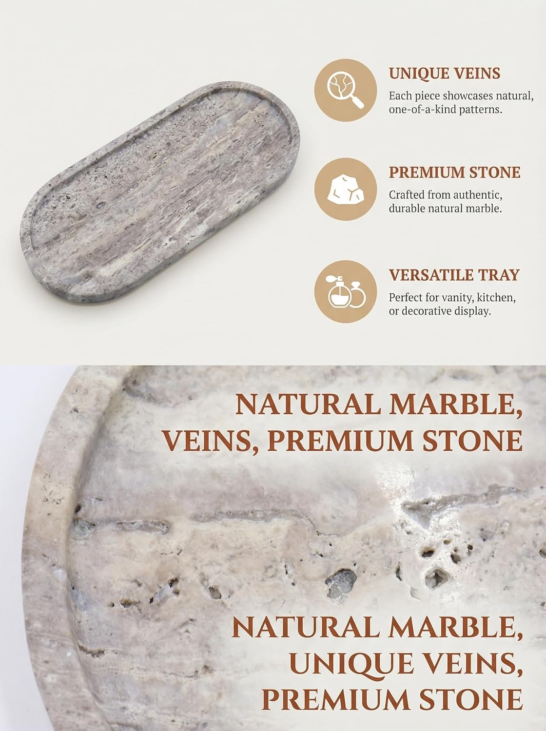 OOBOOB Oval Natural Marble Tray,Elegant Vanity Organizer for Jewelry, Perfume, Decorative Serving Tray for Coffee, Tea, or Dining Table Centerpiece,Countertop Storage Organizer for Home Bathroom