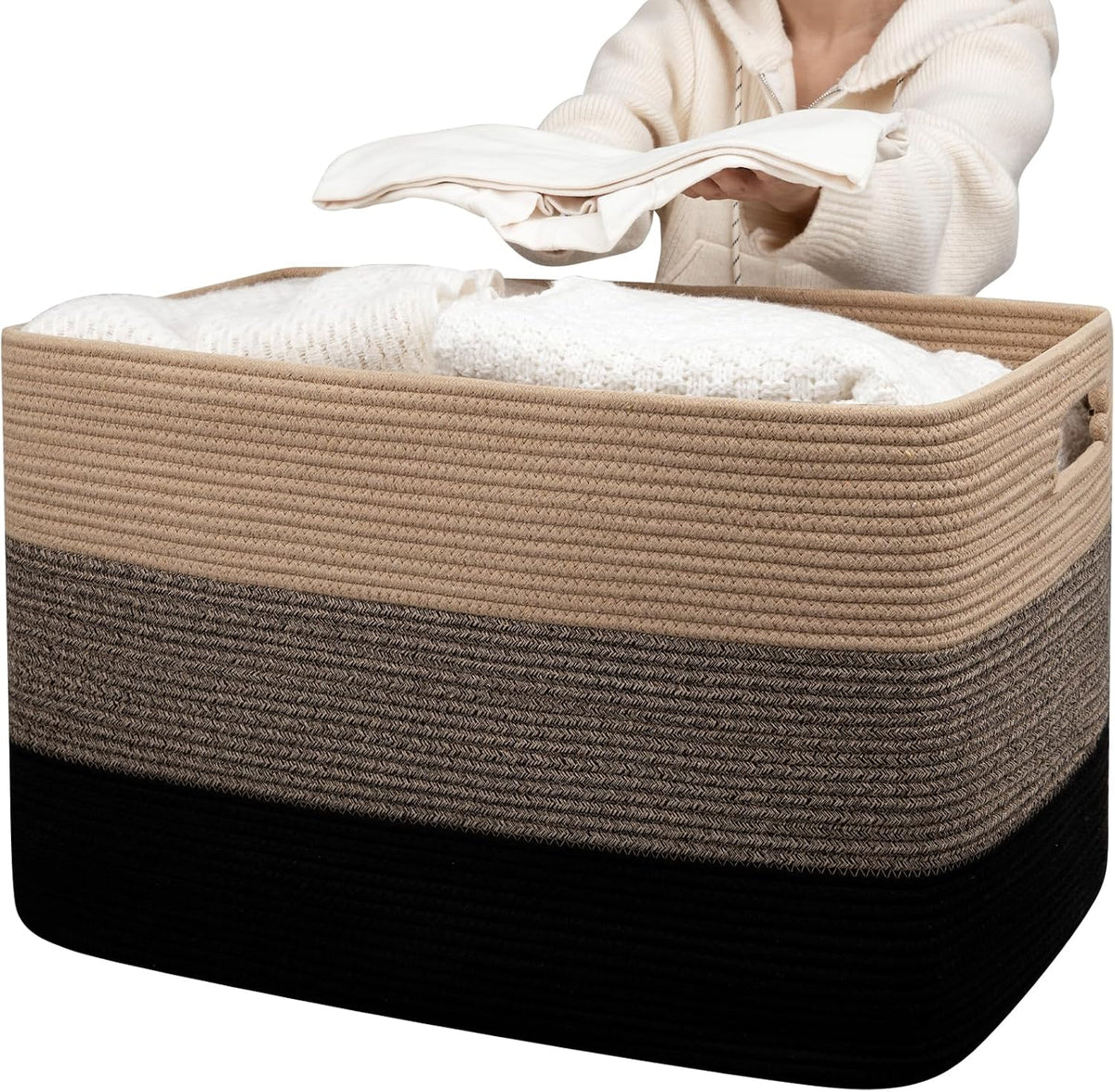 OIAHOMY 118L Extra Large Blanket Basket Cotton Rope Storage Basket Black
