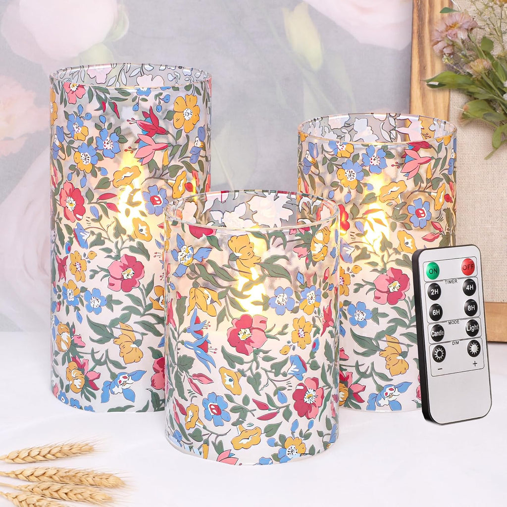 Floral Glass Flameless Candles with Remote, Spring Wildflower Design LED Candles, 3D Wick Flickering Battery Operated Candles for Home Decor, Bedroom, Wedding, Table Centerpiece
