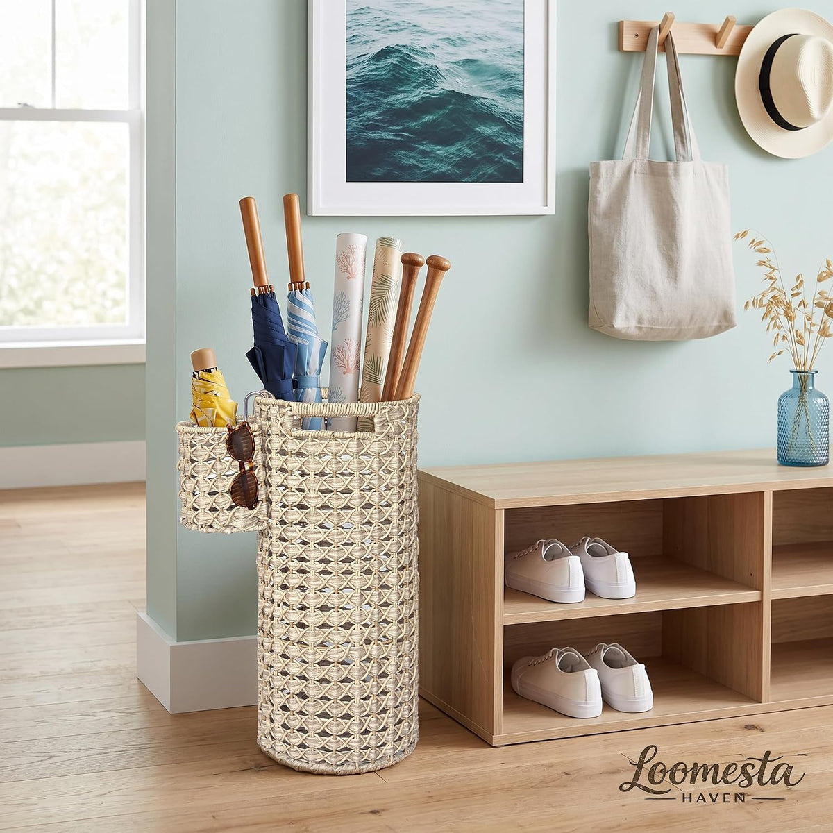 Wicker Umbrella Stand for Entryway, Handwoven PE Rattan with Side Basket