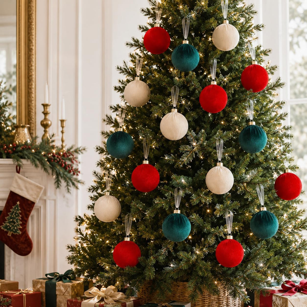 15 Pcs 3.15" Large Red and Green Velvet Ball Ornaments for Christmas Tree