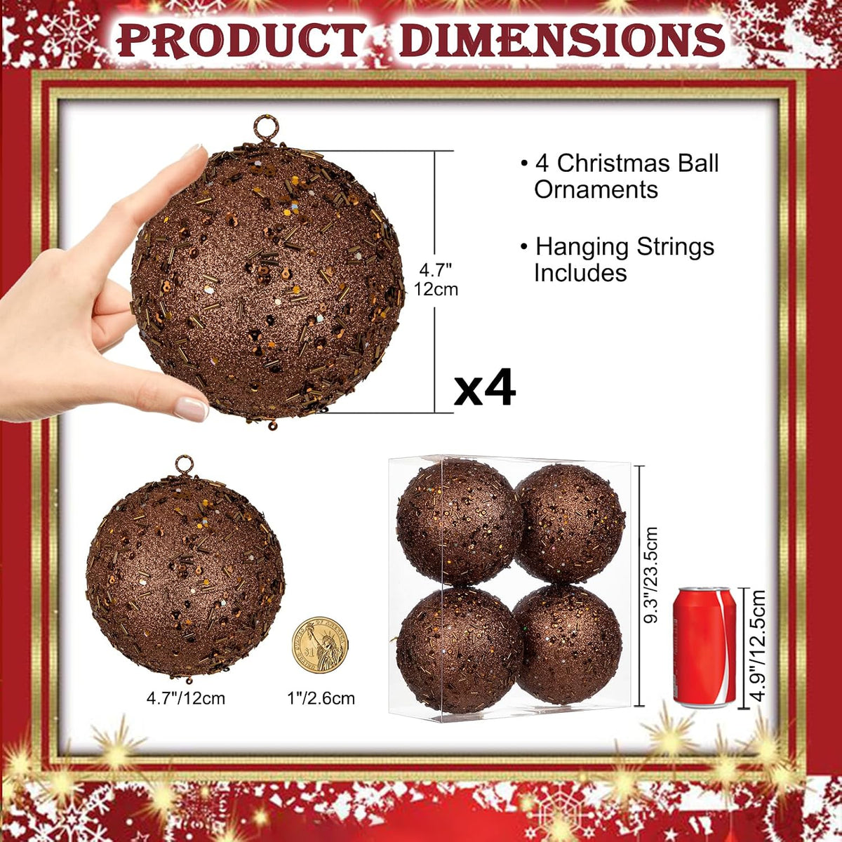 4Pcs 4.7" Large Bronze Christmas Balls Ornaments for Christmas Trees