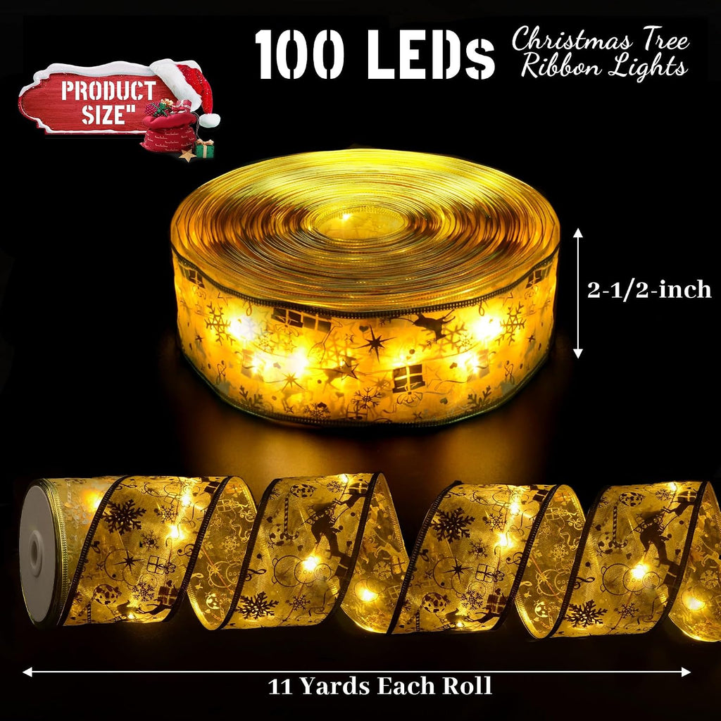 Vimorg Christmas Decorations, 2.5Inch x 33Ft 100 Led Christmas Tree Ribbon Lights with Remote Control, Battery Operated & USB Powered 8 Lighting Modes Fairy String Lights with Timer for Xmas Decor