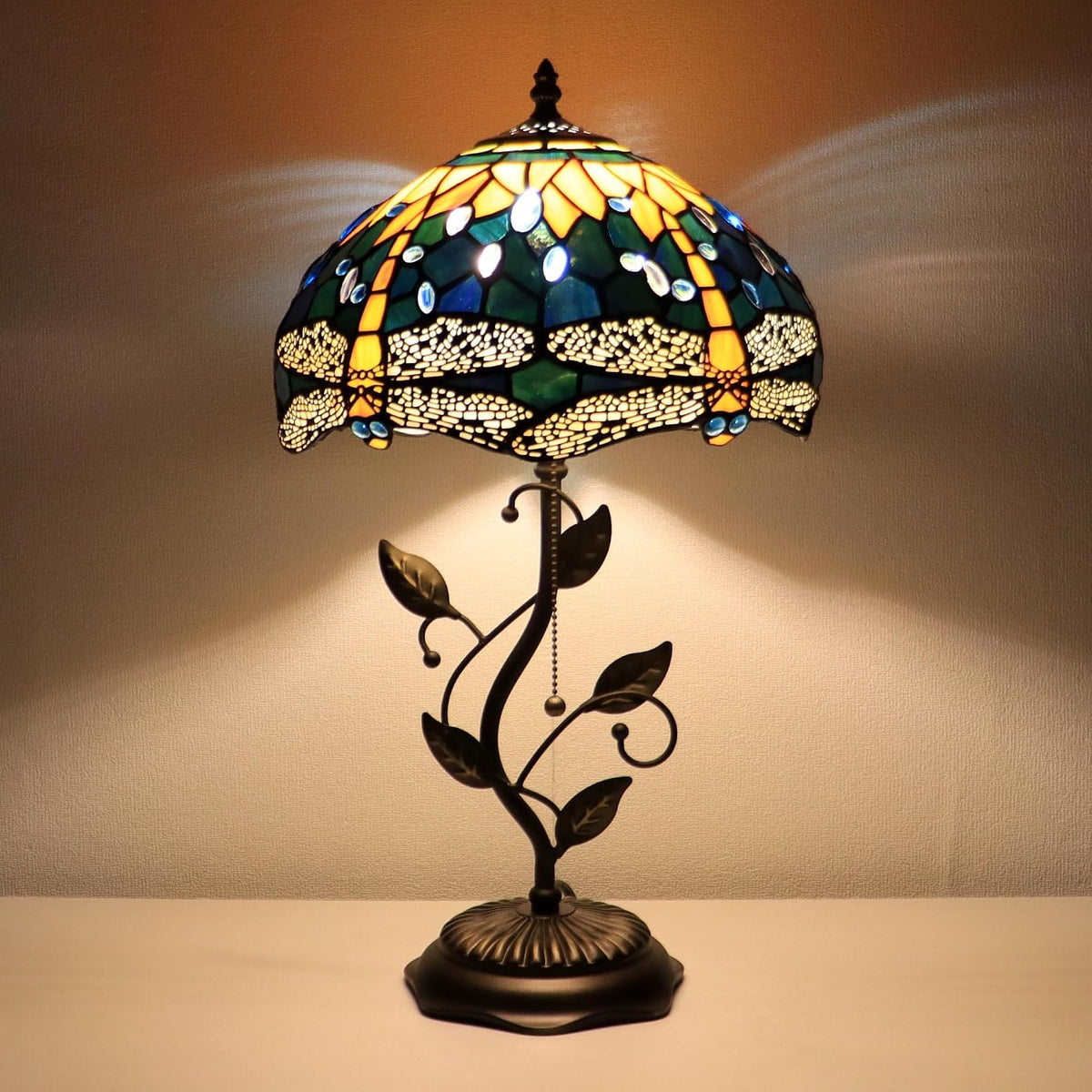 Tiffany Style Yellow Dragonfly Stained Glass Table Lamp 19 Inch