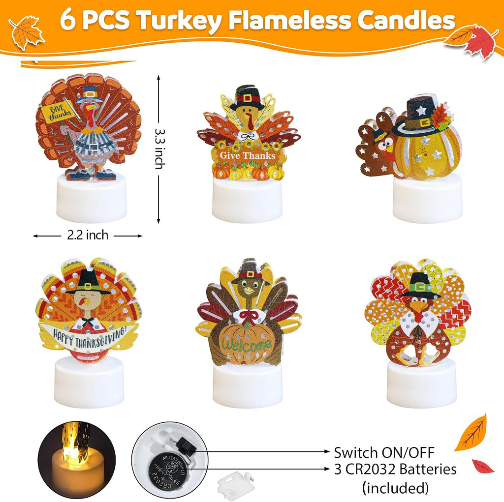 6 PCS Turkey Tea Lights Candles Battery Operated Thanksgiving LED Flameless Tealight Candles, Cute Thanksgiving Table Decorations Centerpieces for Home Kitchen Indoor Party Fall Decor