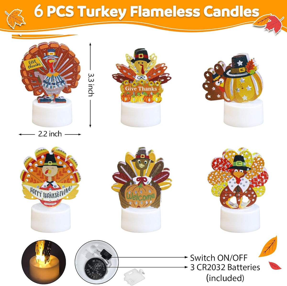 6 PCS Turkey Tea Lights Candles Battery Operated Thanksgiving LED Flameless Tealight Candles, Cute Thanksgiving Table Decorations Centerpieces for Home Kitchen Indoor Party Fall Decor
