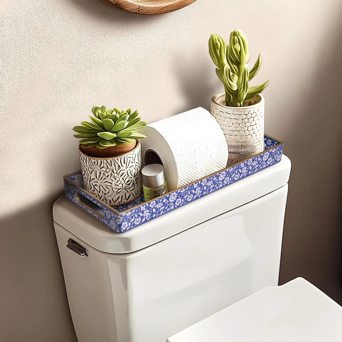 MAONAME Blue Bathroom Vanity Tray, Plastic Decorative Trays with Handles