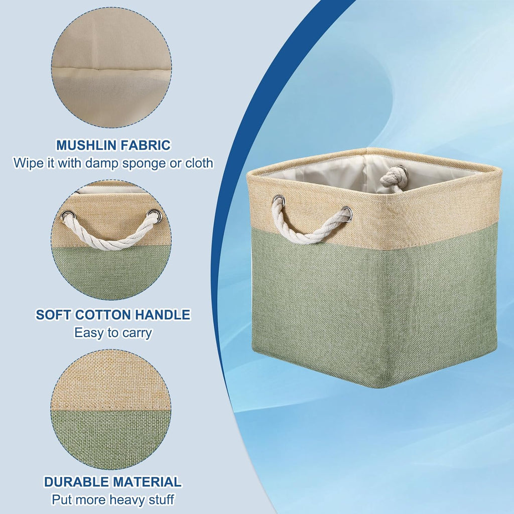 PATIKIL Fabric Storage Cube, 4 Pack 11 Inch Storage Bins Closet Organizers for Shelves with Handles Decorative Collapsible Baskets for Home Organization, Beige/Green