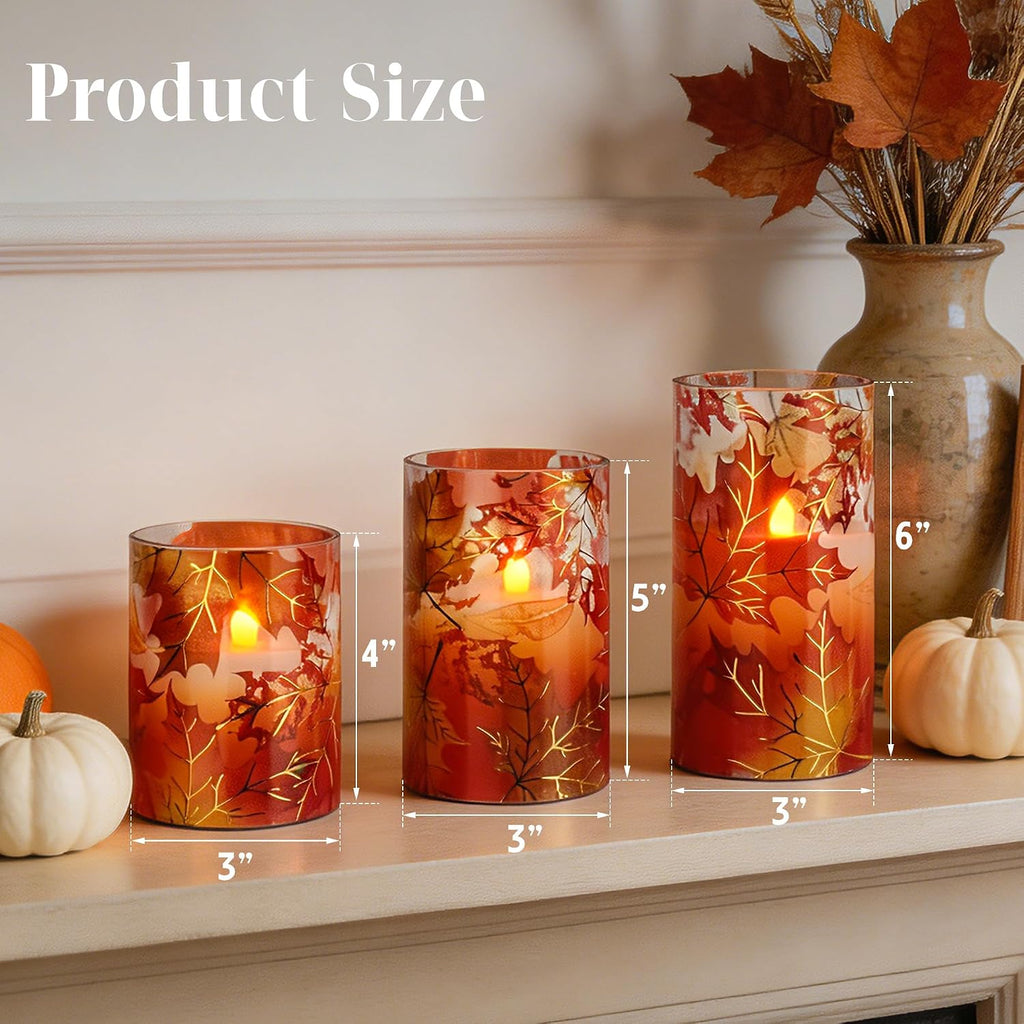 Fall Flameless Candles, 3 Pack Glass Pillar Candles, Maple Leaf