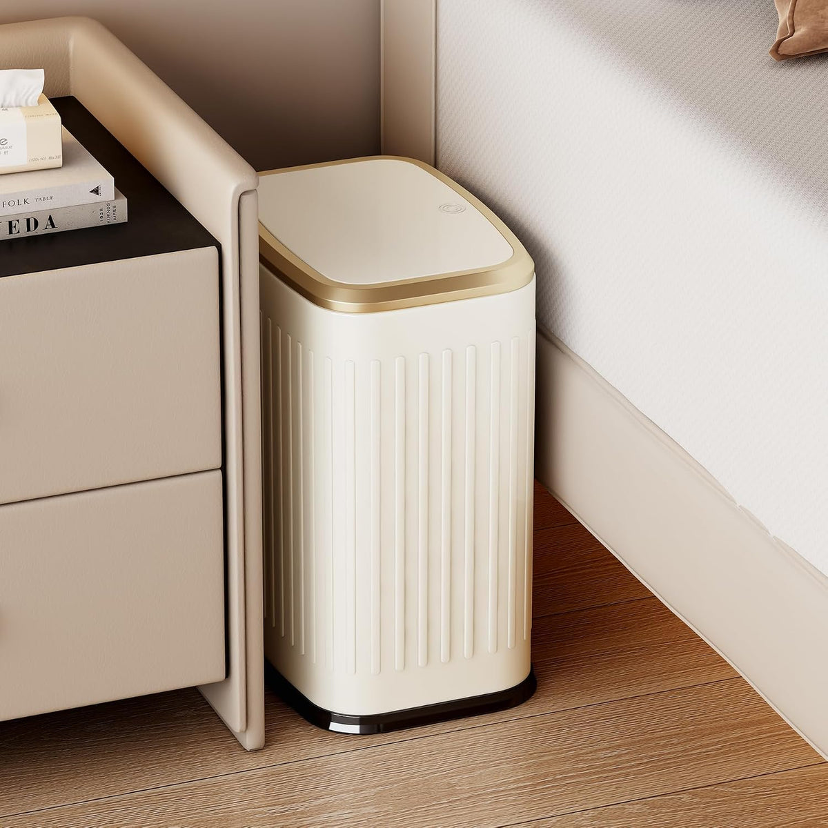TIPGO Small Bathroom Trash Can with Pop-up Lid, 2.1 Gallon, Cream