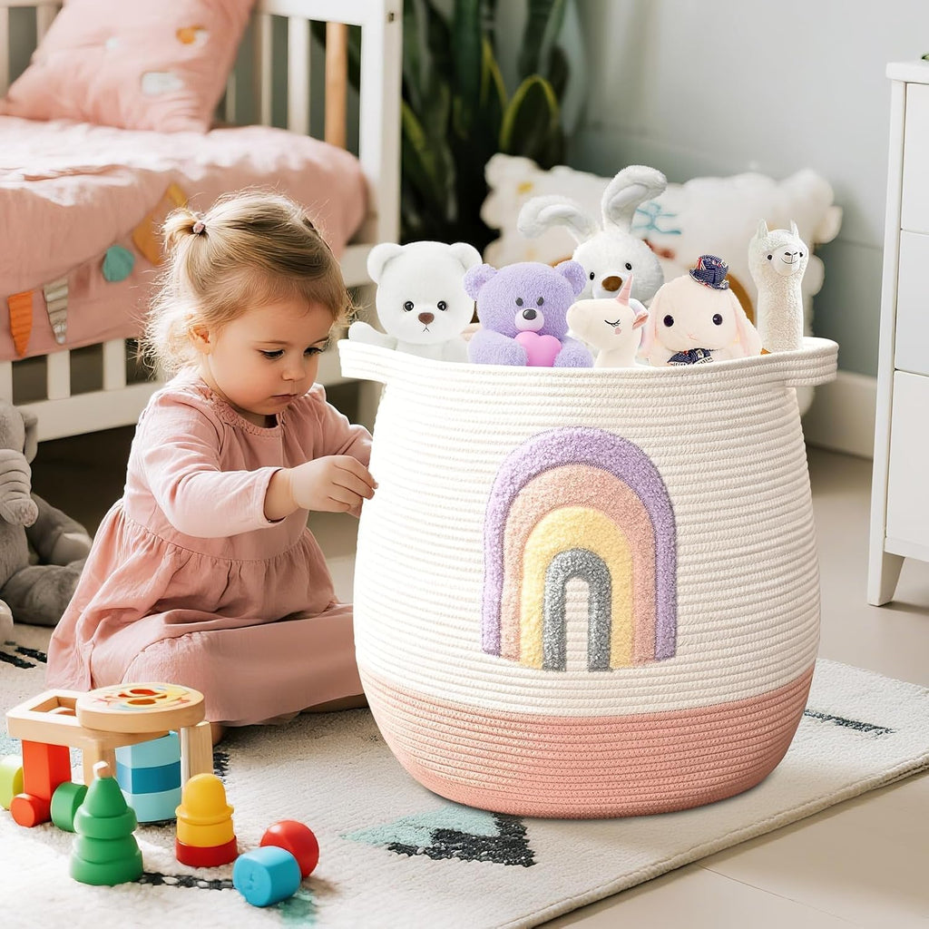 Large Baby Laundry Hamper, Rainbow Laundry Basket for Baby, Toy and Blanket Storage Basket for Nursery and Playroom, Cotton Rope Hamper for Kids, 17.7"x15.7"